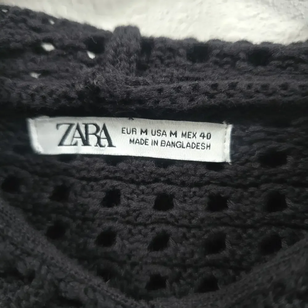 ZARA Mens Black Knit Hoodie Sweater Waffle Open Weave Cotton Pullover Size M
